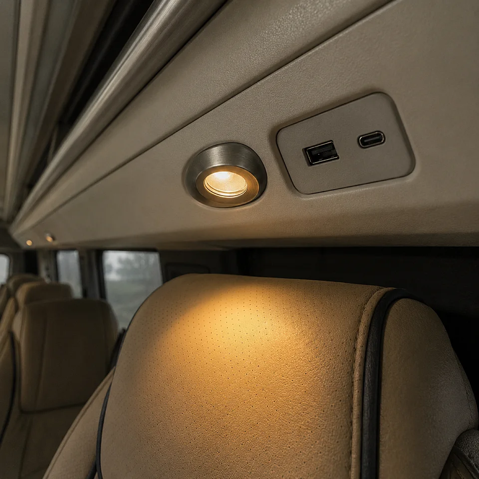 An overhead reading light lit beside USB A and USB C ports