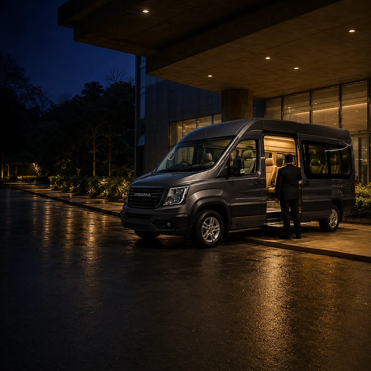 A chauffeur waiting at the open door of a Force Urbania under a lit office canopy at dusk