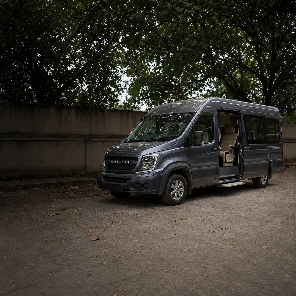 A Force Urbania parked in shade with its sliding door open and the entry step down