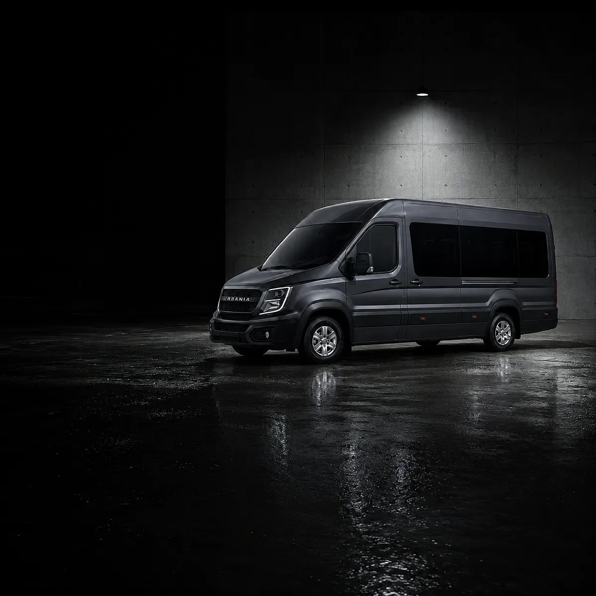 A Force Urbania parked alone and shut for the night under a single overhead light
