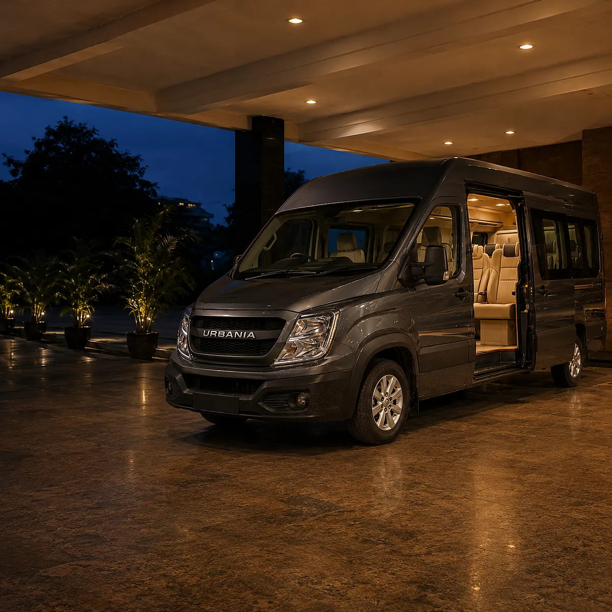 A Force Urbania drawn up under a lit venue portico at dusk with its passenger door open