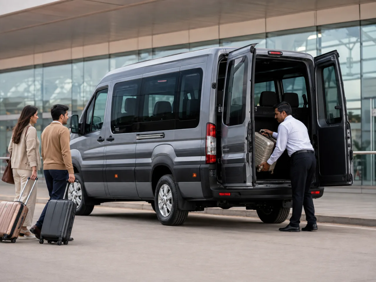 A driver loading a suitcase into a Force Urbania at an airport terminal kerb