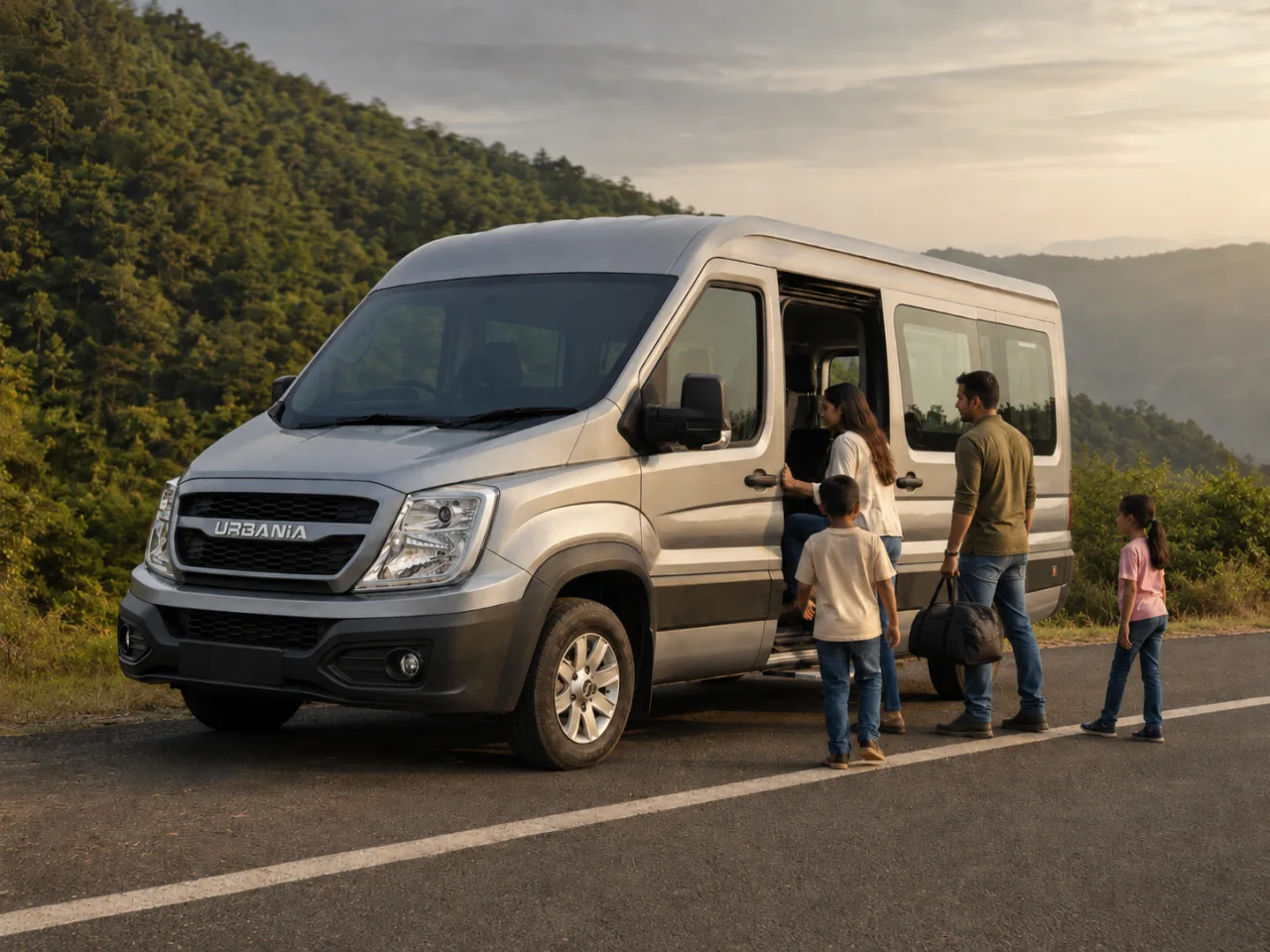 A family boarding a Force Urbania on a hill road with forested slopes behind