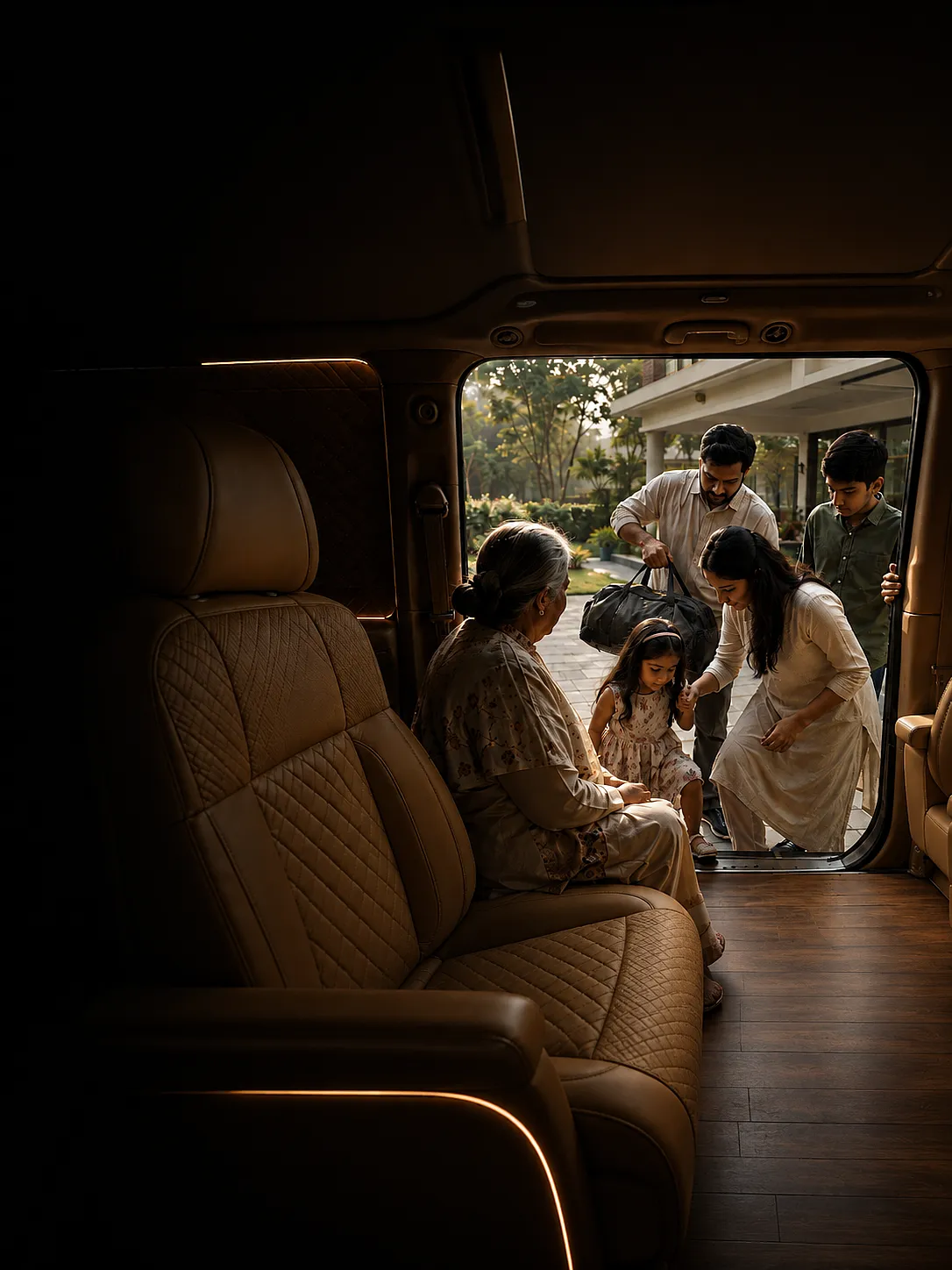 A family boarding a Force Urbania at their door, seen from a seat inside the cabin