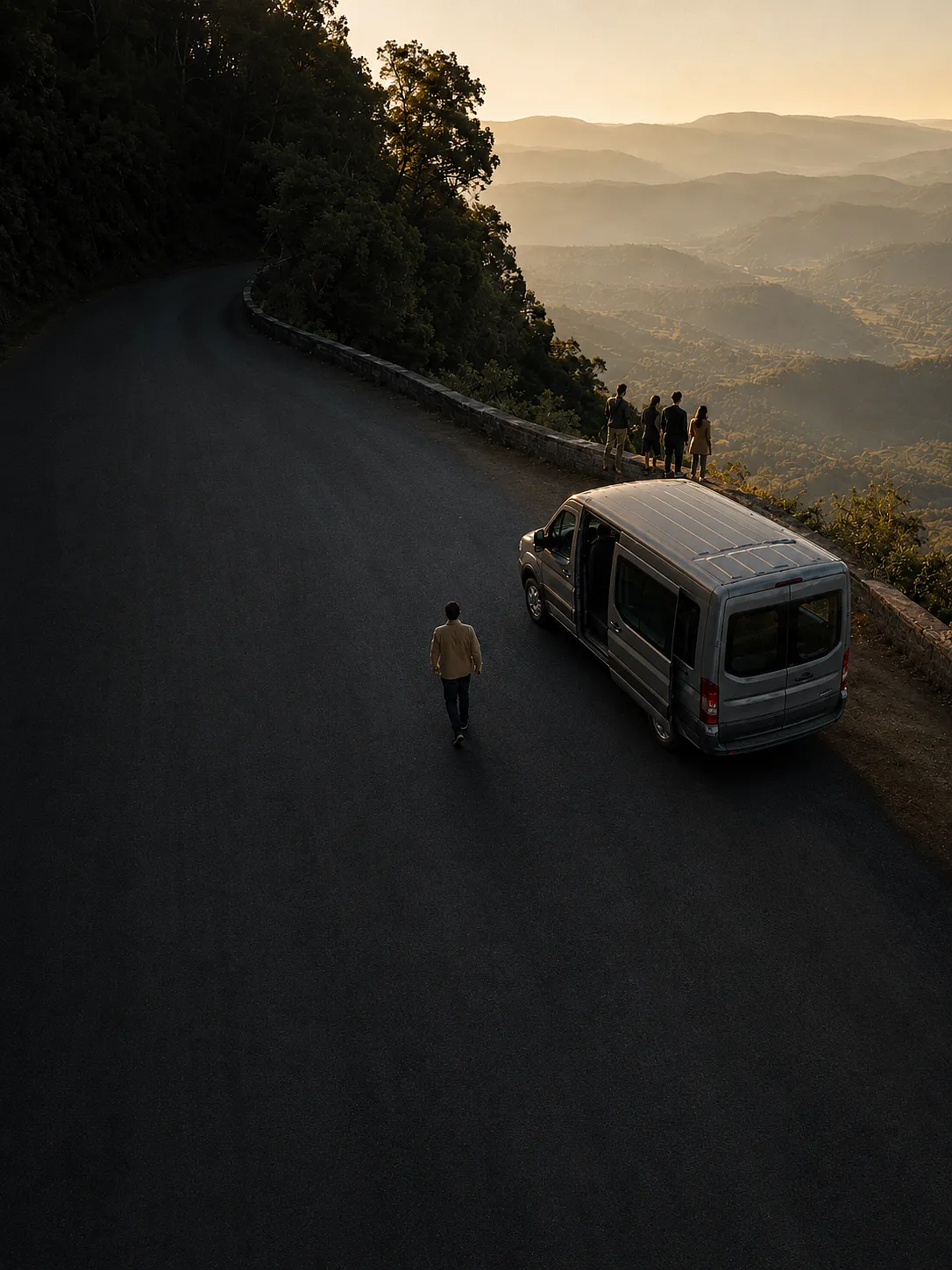 A Force Urbania parked at a hill road viewpoint, its passengers looking out over the valley